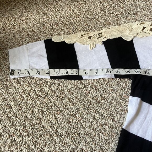 Nordstrom Charlotte Cardigan Sweater Size L Crochet Lace Stripes Twee Black Whit - Picture 10 of 11